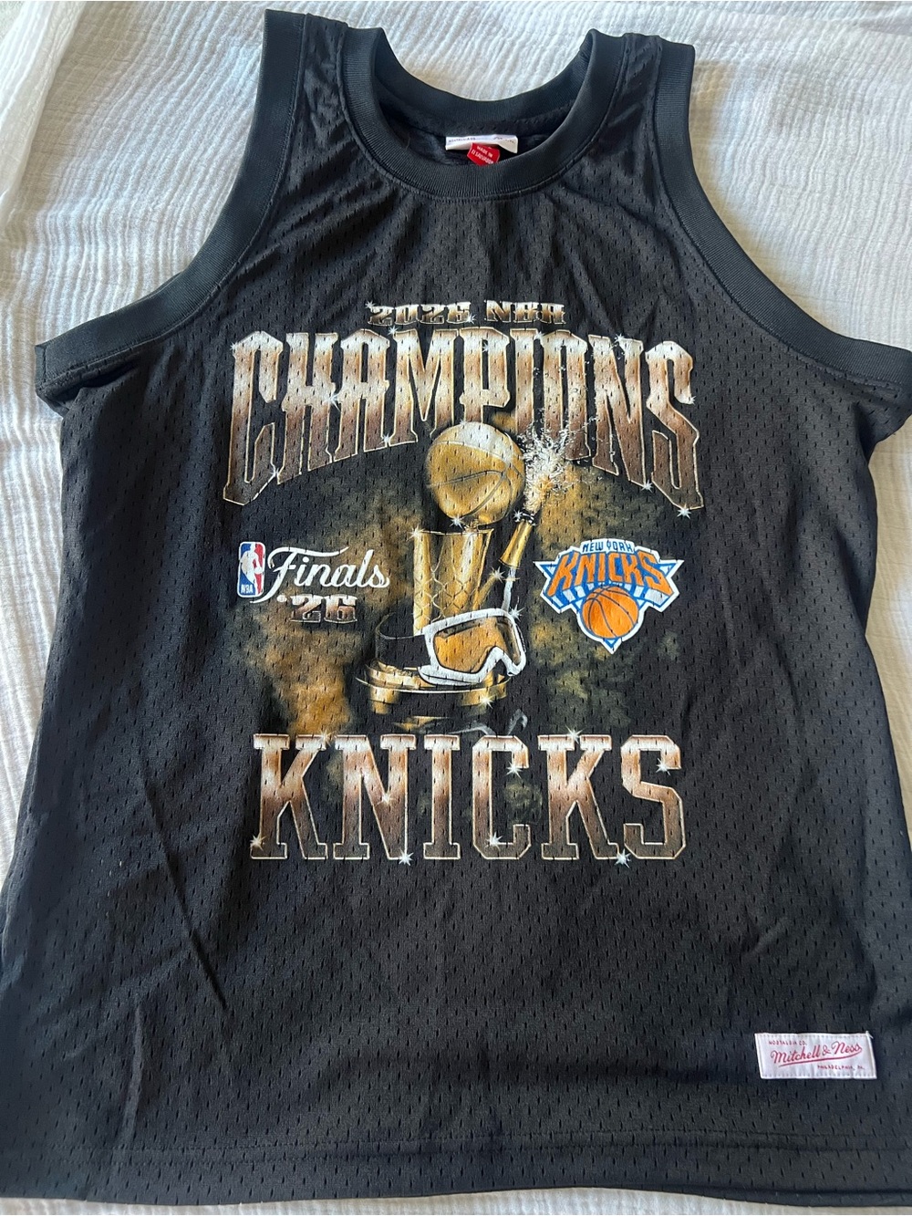 Mitchell & Ness Black Mesh Knicks Graphic Tank Top with Gold Print- 2026 NBA